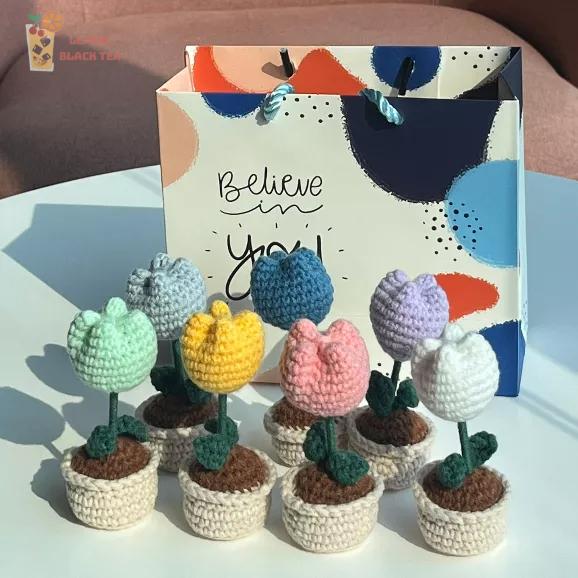 [Hàng Có Sẵn Ảnh Thật] Chậu Hoa Mini Tulip/ Hoa Hướng Dương Đan Móc Len Handmade Làm Qùa Tặng Phòng Decor Phòng