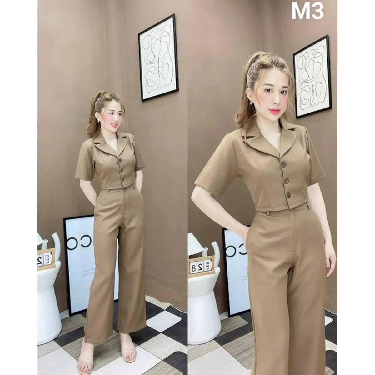 Bộ áo cổ vest tay ngắn phối quần dài lụa có khoá dạo phố công sở M3