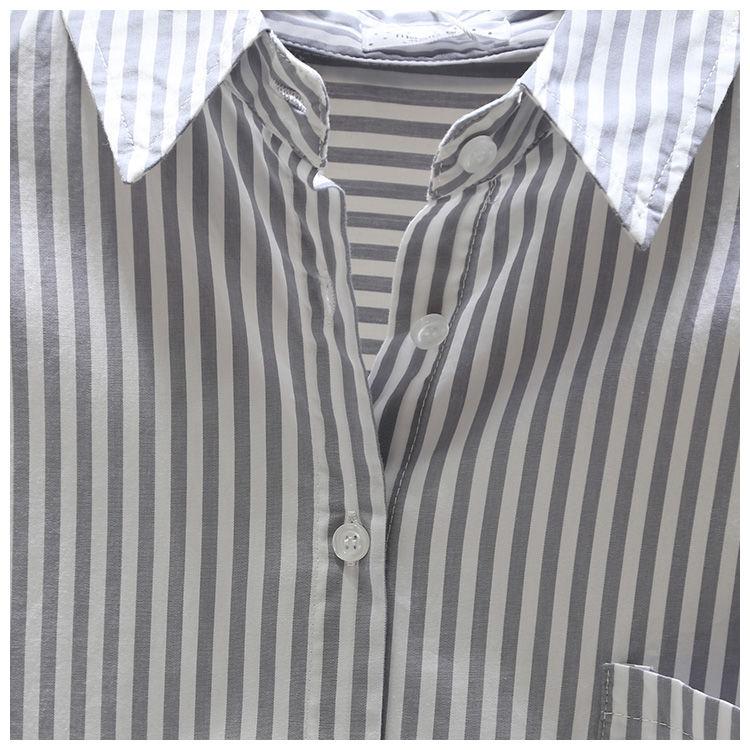Product Introduction of [Frsud] pure cotton striped printed shirt, women's loose, long sleeve, simple casual style, half-length cardigan shirt, suitable for women, new in 2024 XL [211rx royal blue] blouse & shirt 15