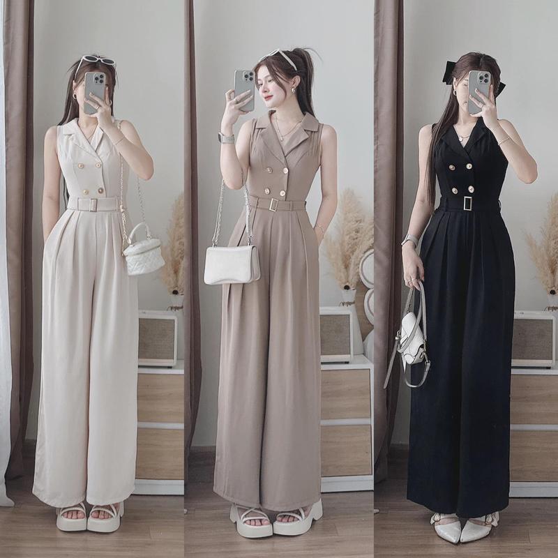 Jumpsuit Nữ Ngắn Tay Cổ Vest Phối Nút Dáng Dài Ống Rộng