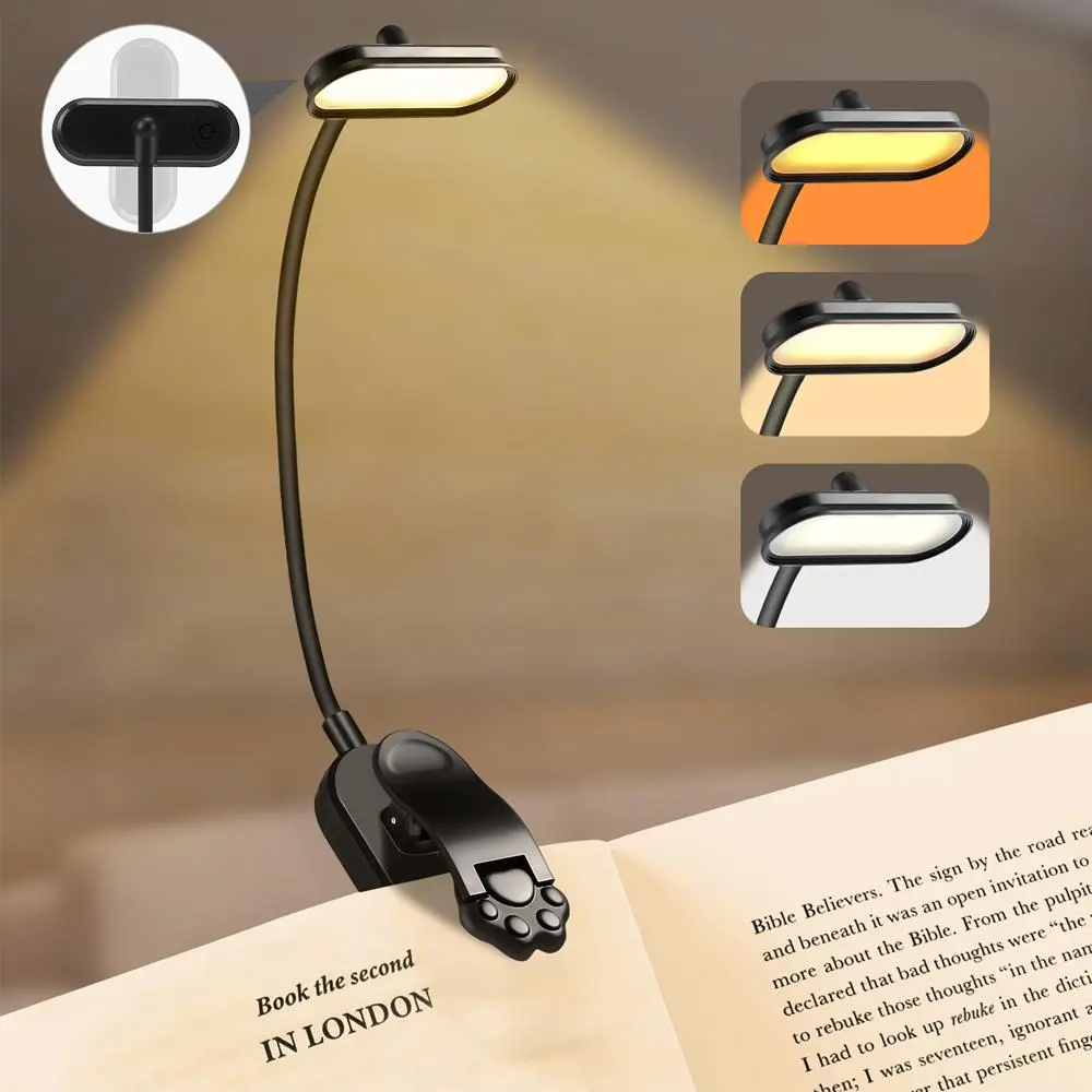 Rechargeable Book Light, 16-LED Book Light for Reading, Small Lightweight Clip-on Light with 3 Color Temperatures for Home, Reading Concentration Lamp