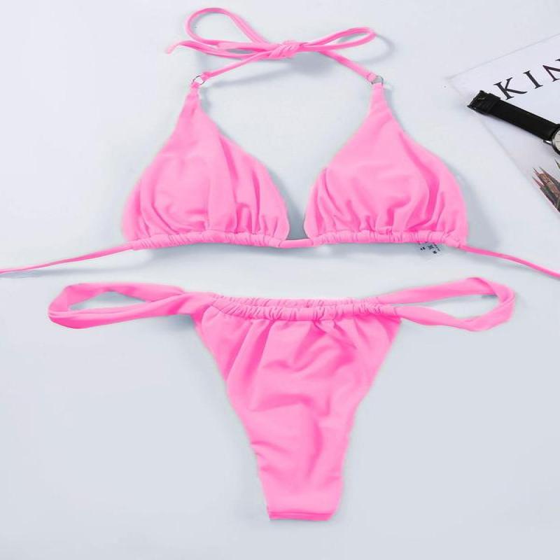 Two-Piece Set Women's Solid Tie Back Halter Bikini Triangle Top & Thong Swimwear Set, Casual Chic Swimwear Set, Ladies Summer Beach Holiday Vacation Swimsuit, 2 Piece Sets Women 0