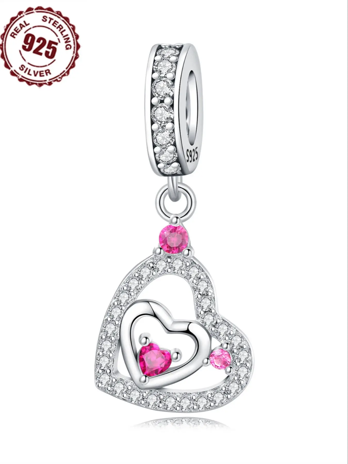 S925 Sterling Silver Heart Shaped Pendant, Rhinestone Decorated Pendant for Women & Girls, DIY Jewelry Accessories for Bracelet & Necklace Making