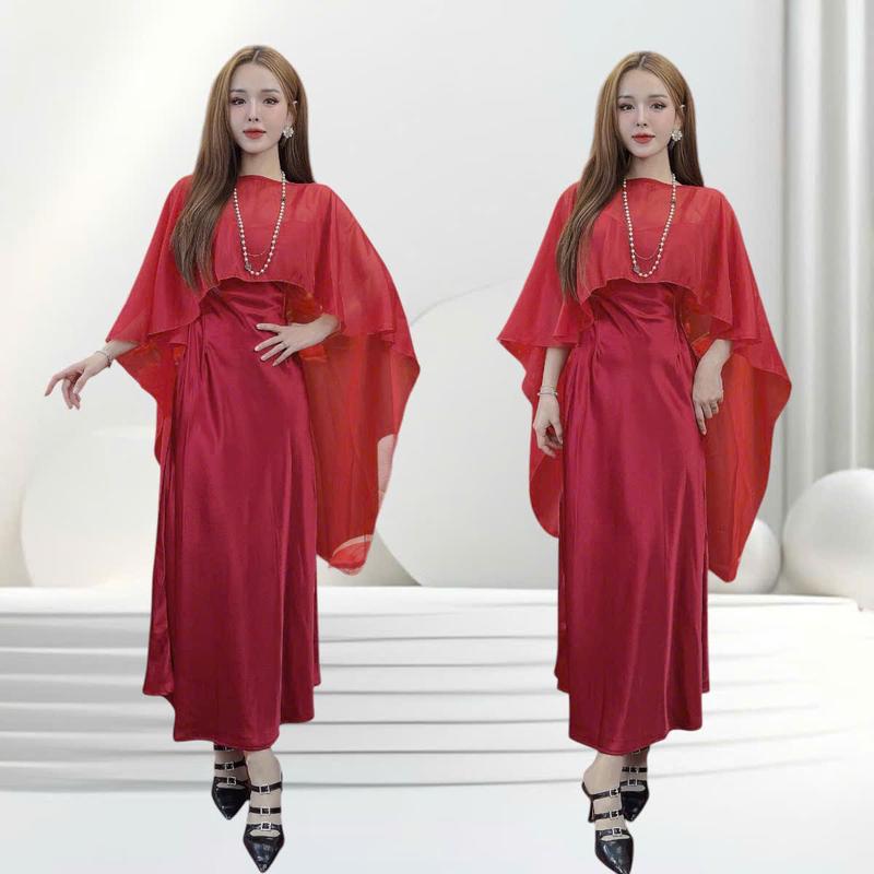 Đầm lụa thiết kế CRAZYTEEN S5360 dành cho nữ kiểu hai dây dáng suông đơn giản để đi tiệc phối áo choàng tơ form rộng ( Đầm lụa/ Áo choàng tơ )