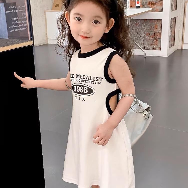 Váy ba lỗ khoét eo in chữ sành điệu cho bé gái, chất cotton, 3 màu trắng, đen, hồng, size 11-27kg 4