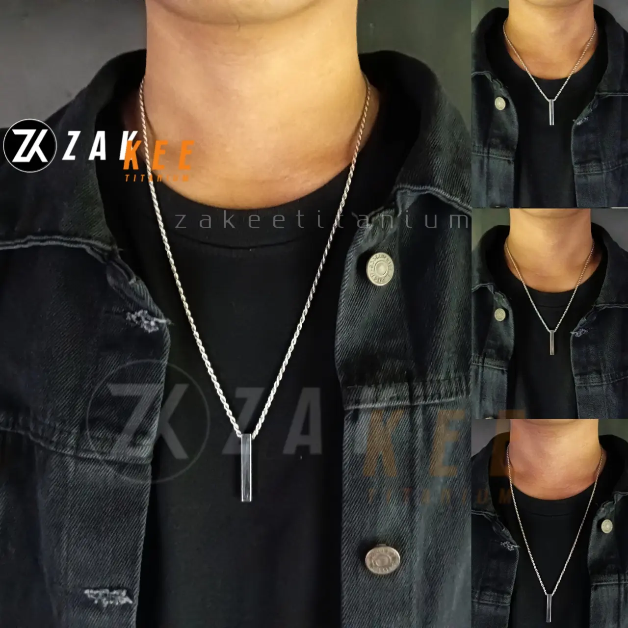 Kalung Titanium Pria Wanita Anti Karat Rantai Liontin Balok Perak Silver Putih Keren Cowok Cewek Panjang 45cm 50cm 60cm Rante Premium Stainless