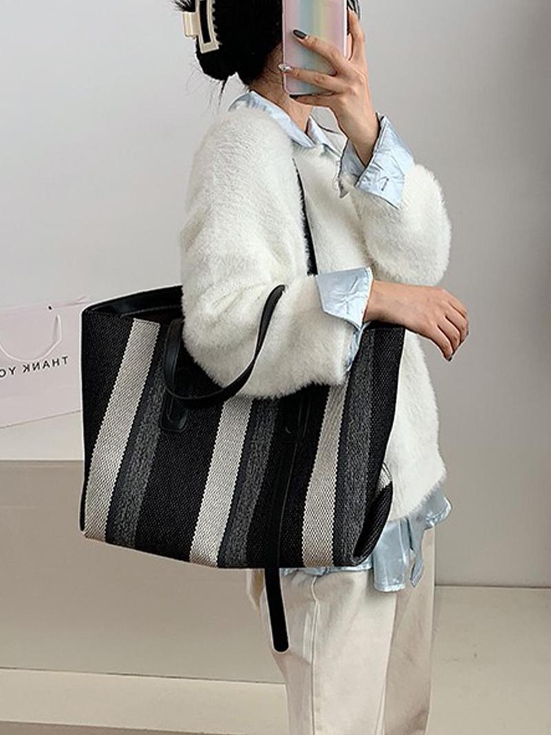 Product Introduction of Women's Fashionable Striped Pattern Tote Bag, Casual Large Capacity Shoulder Bag for Work & School, Durable Multi-functional Daily Commuting Bag 3