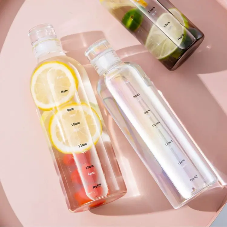 Tumbler Botol minum anti bocor / botol transparan / Tumbler olahraga / botol portable dengan panduan jam Air tupperware cute Cangkir Minuman Plastik Bottles Kitchenware Silicon Water 5