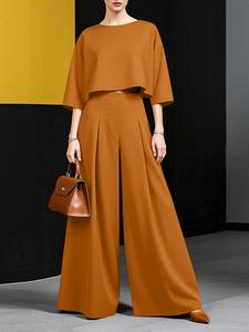 Conjunto casual para mujer de dos piezas: top corto con cuello redondo y manga tres cuartos, pantalones de pierna ancha plisados con cintura elástica