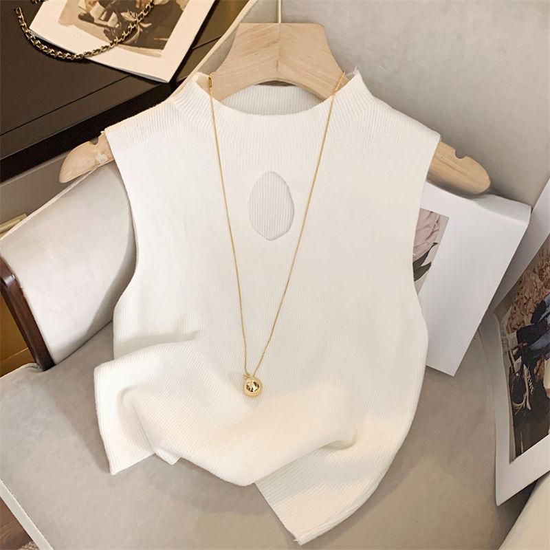 Product Introduction of Sexy spice girl niche hollow knit vest female bottoming shirt 2024 summer new solid color elastic short sleeveless top 4