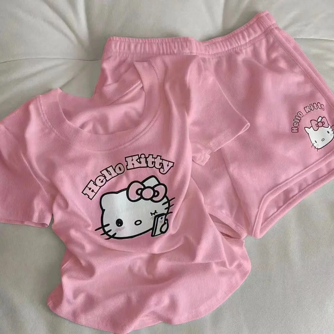 New Girls Hello Kitty Suit 2025 New Spring and Summer Cute Cartoon Printed Short Sleeve All-Match and Sweet Fashion Suit Suit