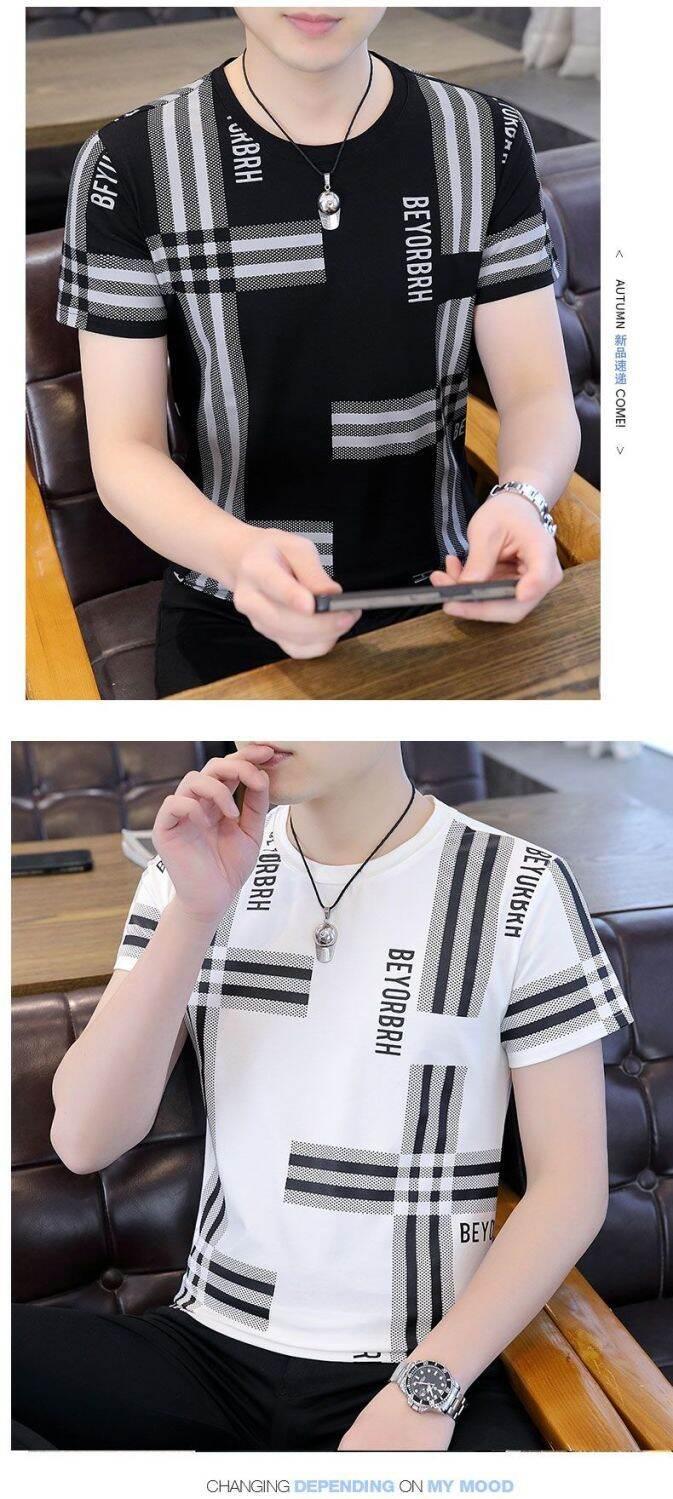 Product Introduction of High-End Ice Silk Short Sleeve T-Shirt Men's Slim Fit round Neck Youthful Summer Casual Shirt Thin Fabric Collision Color 11