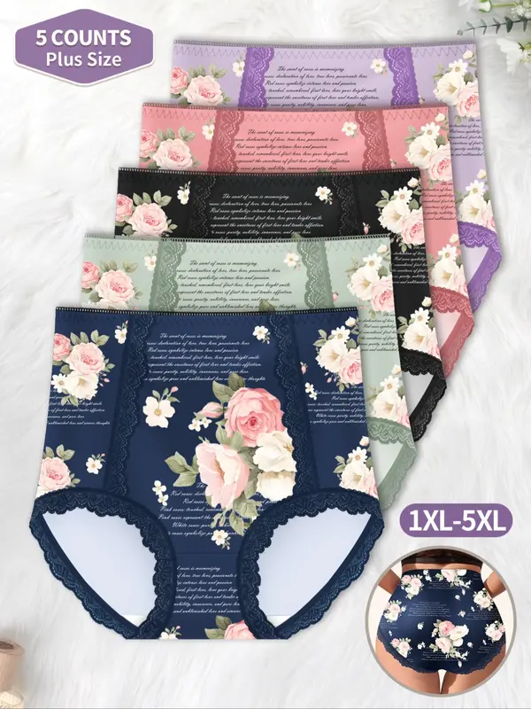 【Plus Size】 Floral & Letter Print Lace Trim High Waist Panty, Elegant Breathable Comfy Tummy Control Knicker for Daily Wear, Women's Underwear for All Seasons 4