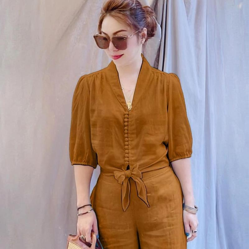 Set đồ bộ nữ, áo tay lỡ quần dài lưng thun, chất vải đũi tơ mềm, mịn, mã B243