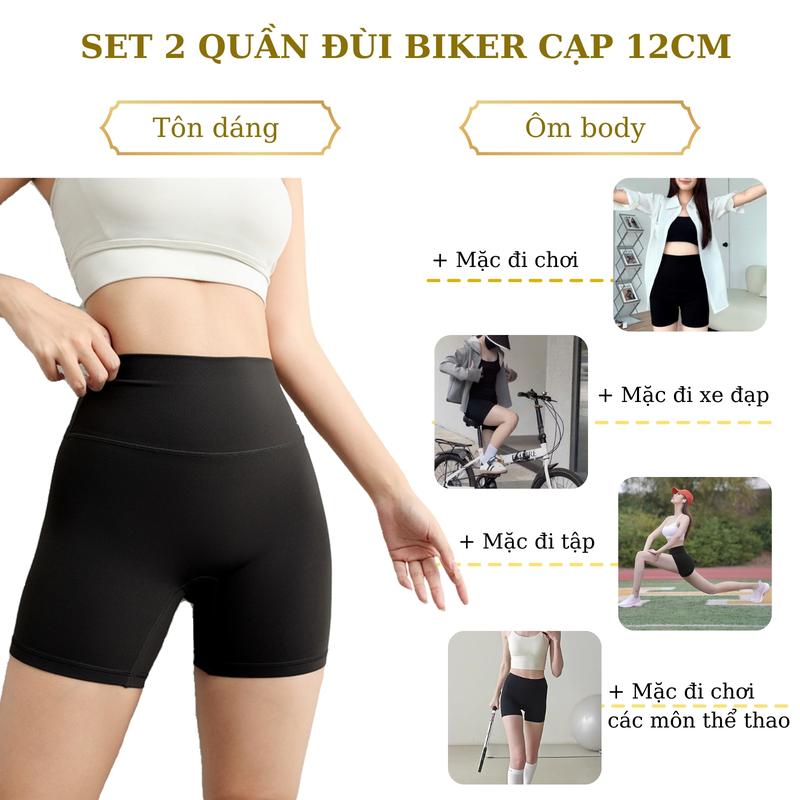 Combo 2 Quần Short Nữ Cạp Cao Định Hình - Quần Đùi Biker Sport Ôm Fit Body Co Dãn 4 Chiều Thấm Hút Mồ Hôi Legging Không Viền May Hách Eo Tôn