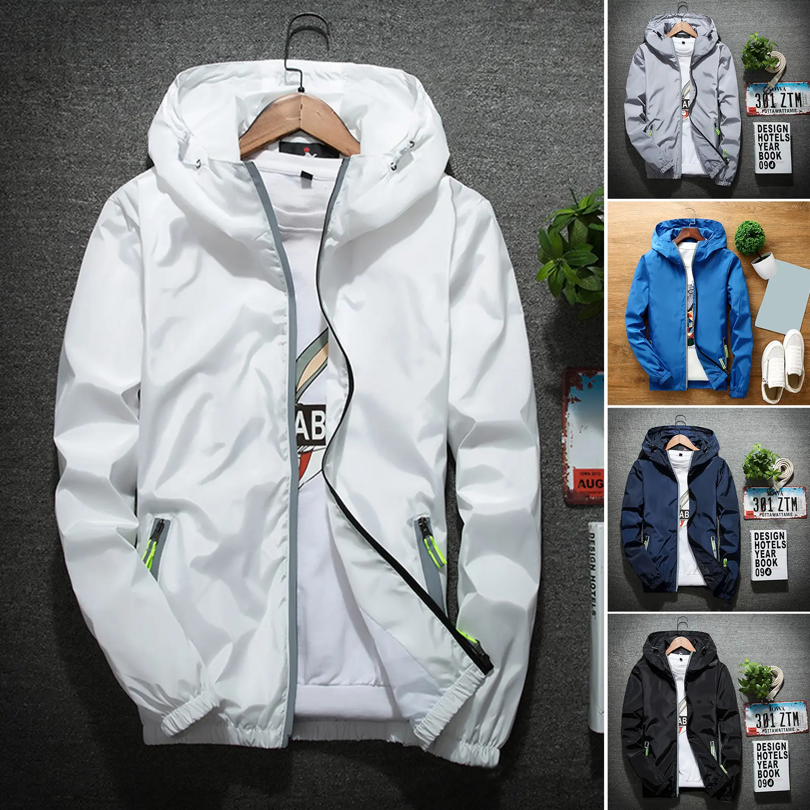 Honbata|Men Windbreaker Solid Color Reflective Elastic Cuff Streetwear Spring Autumn Zipper Quick Dry Hoodie Jacket for Daily Wear