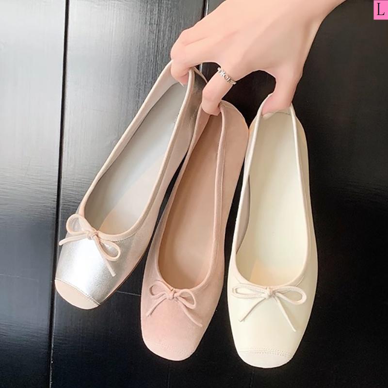 2023 Summer New Style Single Shoes Women Outer Wear Round Toe Shallow Mouth Bow Showing Feet Small Flat All-Match Ballet Shoes Footwear Girl Walking Shoes Running 5