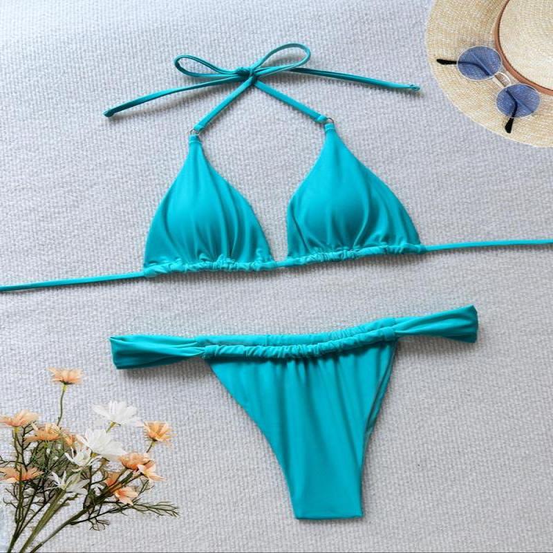 Two-Piece Set Women's Solid Tie Back Halter Bikini Triangle Top & Thong Swimwear Set, Casual Chic Swimwear Set, Ladies Summer Beach Holiday Vacation Swimsuit, 2 Piece Sets Women 3