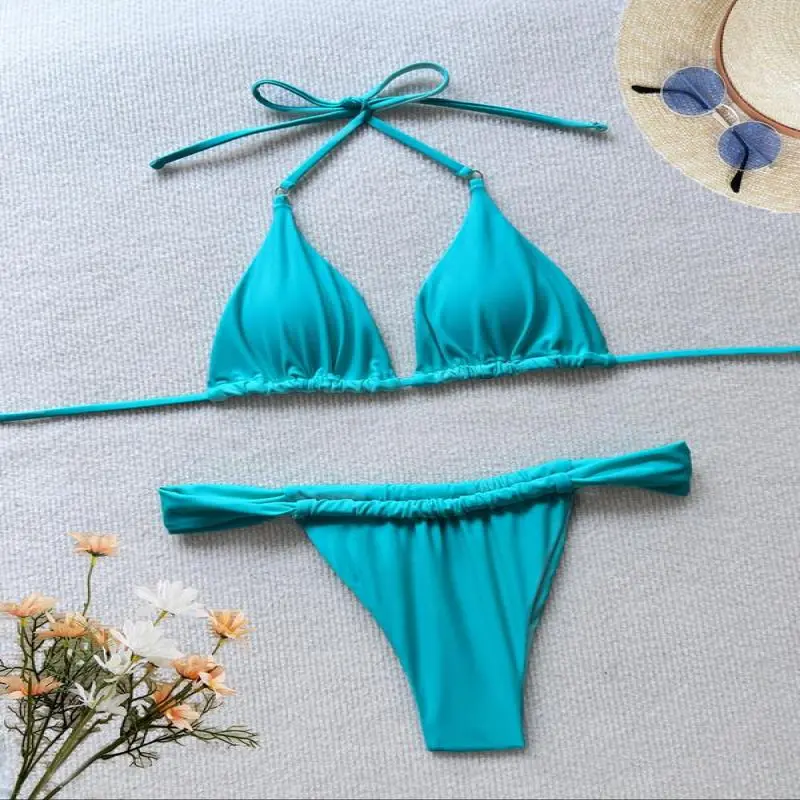 Two-Piece Set Women's Solid Tie Back Halter Bikini Triangle Top & Thong Swimwear Set, Casual Chic Swimwear Set, Ladies Summer Beach Holiday Vacation Swimsuit, 2 Piece Sets Women 3