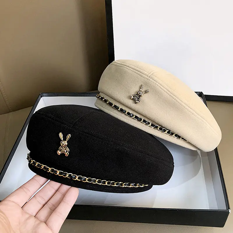Mũ Nồi Mùa Đông, Phong Cách Nữ Nghệ Sĩ Pháp, Mũ Len Ấm Áp, Màu Trơn Quý Cô Thanh Lịch, Dễ Phối Đồ Với Mũ Họa Sĩ, Thiết Kế Hình Thỏ 2
