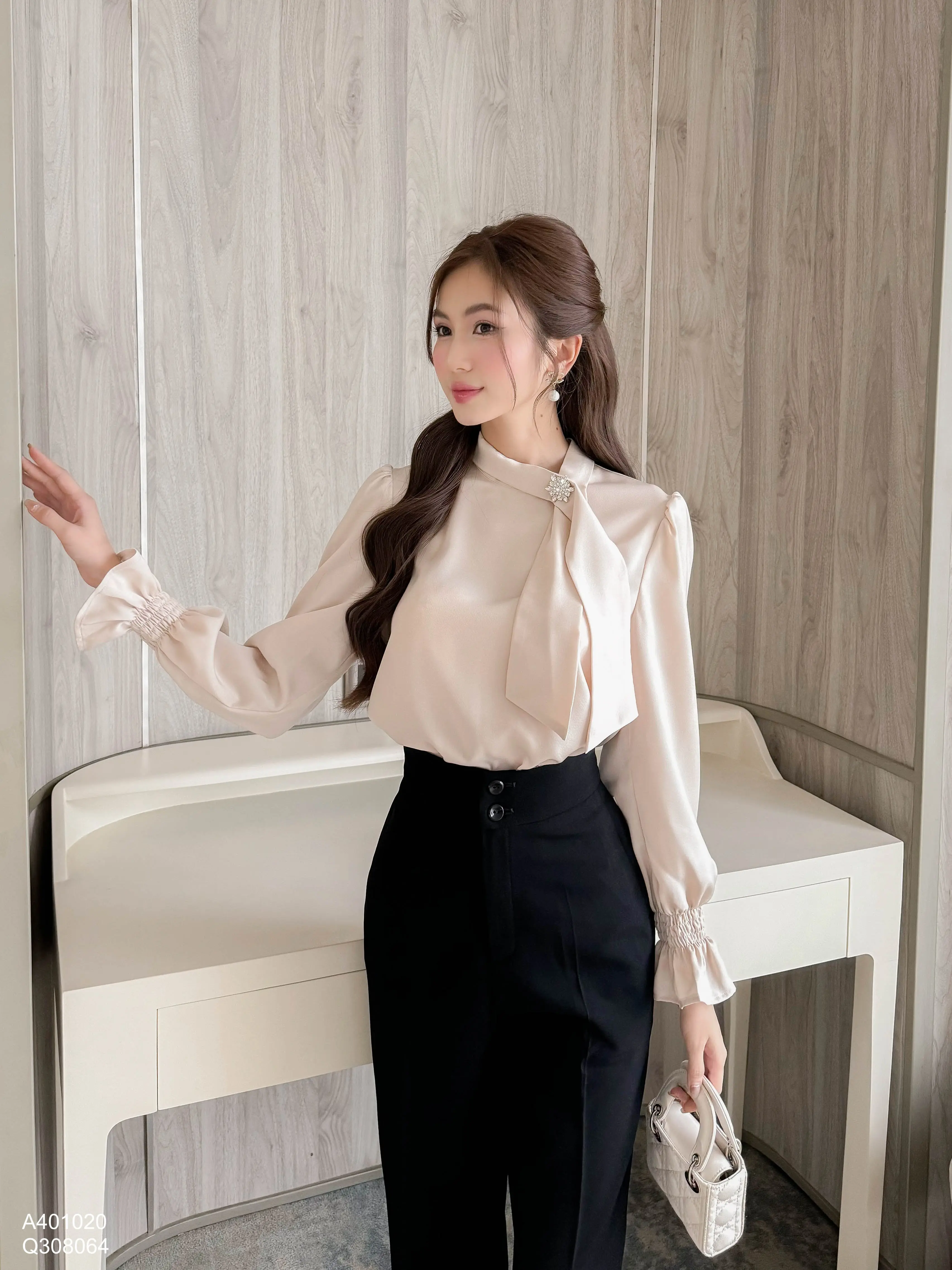 Áo sơ mi nơ cổ pha lê công sở 401020