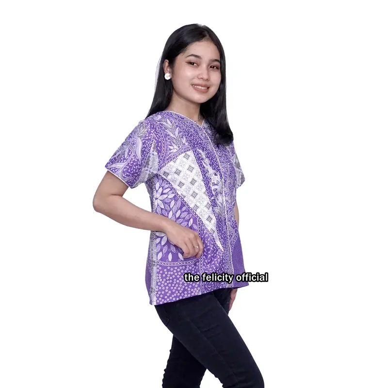 Blouse Batik Wanita Lengan Panjang Pendek Modern Kantor Kerja Lavender by Felicity Katun Putih 2