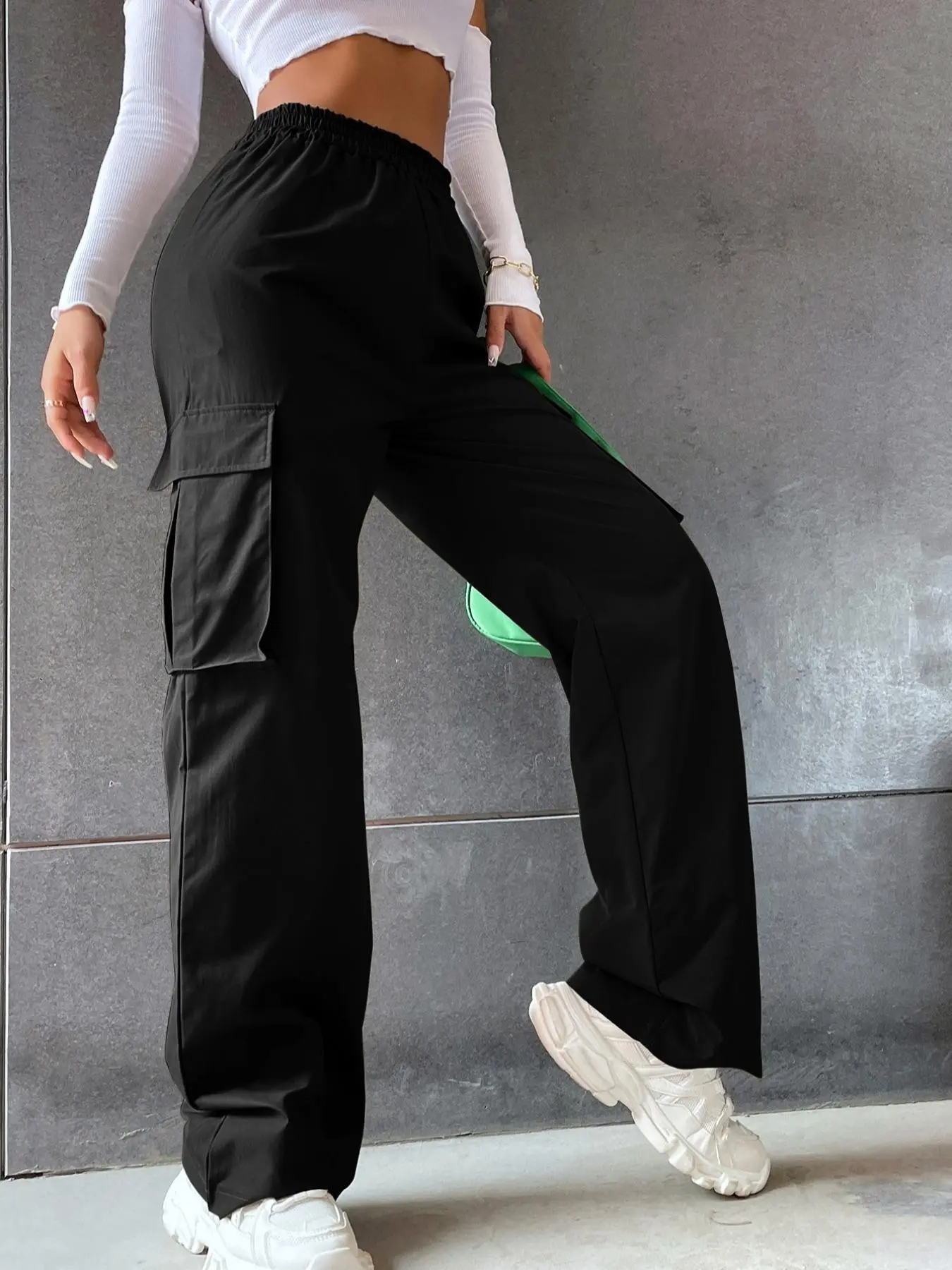 【Plus Size】 Solid Pocket Design Cargo Pants, Casual Streetwear Trousers for Women, Women's Bottoms for Spring & Fall