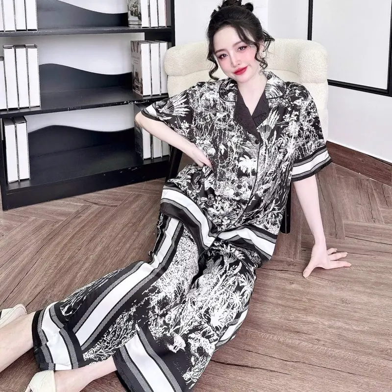 Đồ Bộ Pijama Bigsize,Vest Rừng Đen, FROM RỘNG Lụa Latin Tơ Tằm quần dài 95cm 1