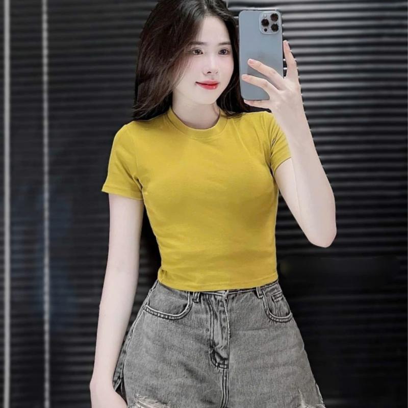 Áo thun crop top tay ngắn chất cotton borip mềm mịn cổ tròn. 1