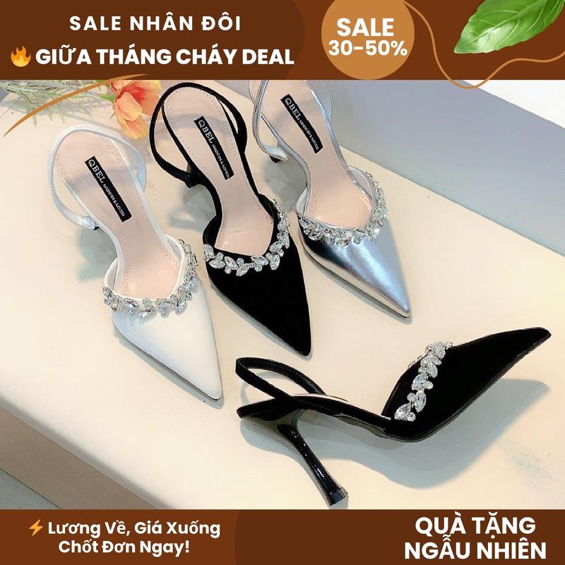 Giày cao gót nữ 9p SH908 sục quai hậu gót nhọn phối viền đá form chuẩn - MIỄN SHIP shoes nữ - DéP đẹp đi chơi Noel Tết