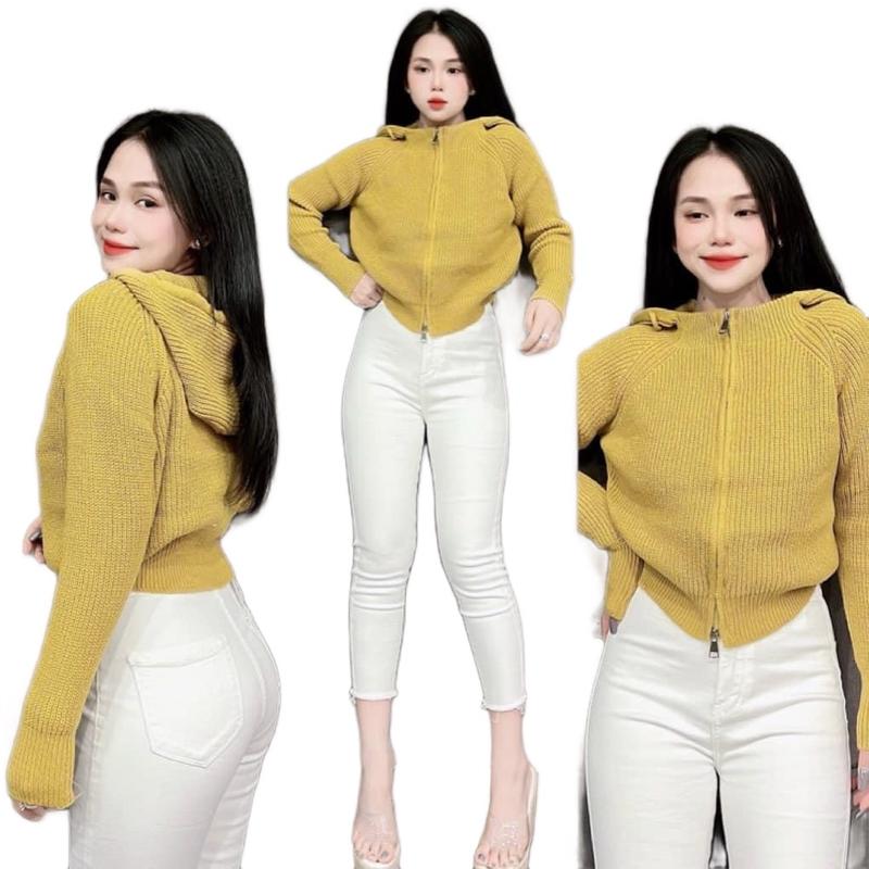 Áo Khoác Len Có Nón Mũ,Có dây Kéo Dành Cho Nữ,Phom Freesize Dưới 52kg.Huyền Thanh shop Women Top Vàng Áo Len áokhoac  thudong