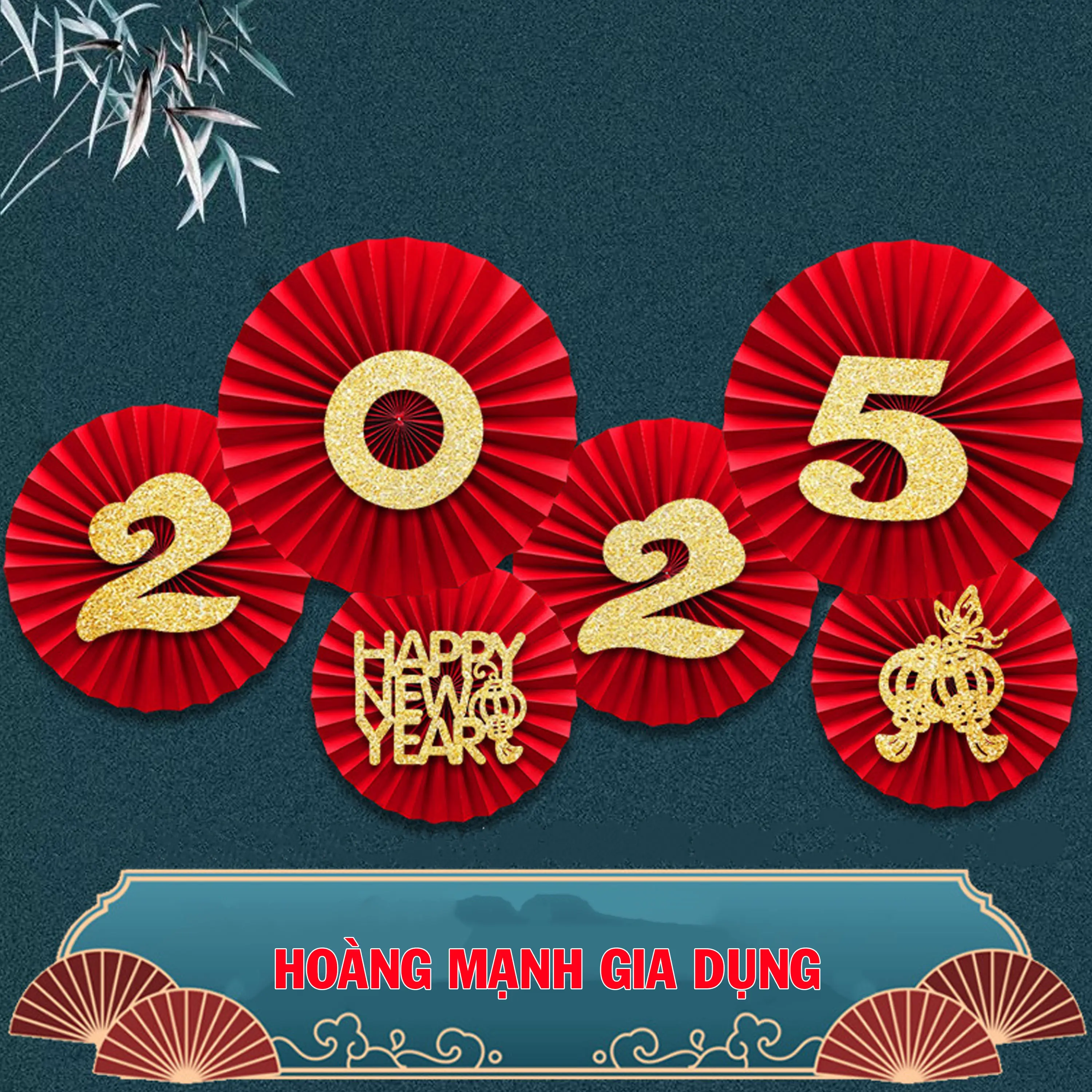 Combo 6 bộ quạt giấy đỏ dán tường kèm chữ 2025 trang trí tết, dán tường