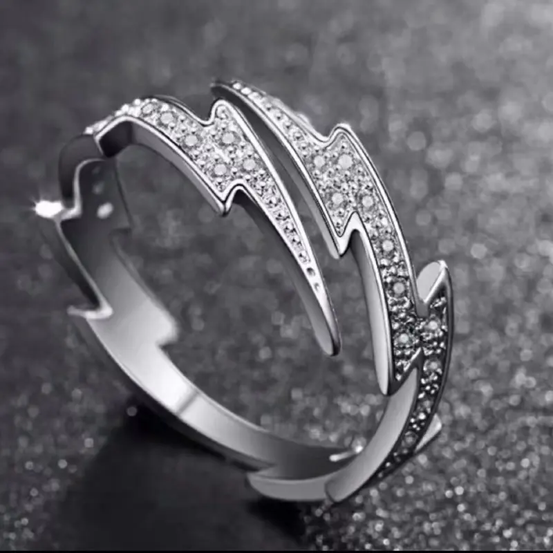 Punk Hip Hop Silver Color Zircon Lightning Open Rings For Men Fashion Jewelry Gift Creative Adjustable Ring