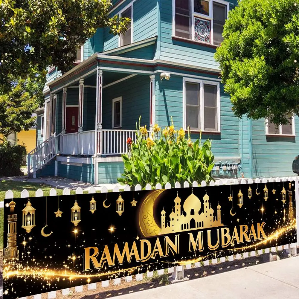 Ramadan Themed Pattern Backdrop, 1 Count Durable Backdrop with Castle & Lantern Pattern, Outdoor Garden Celebration Party Decoration
