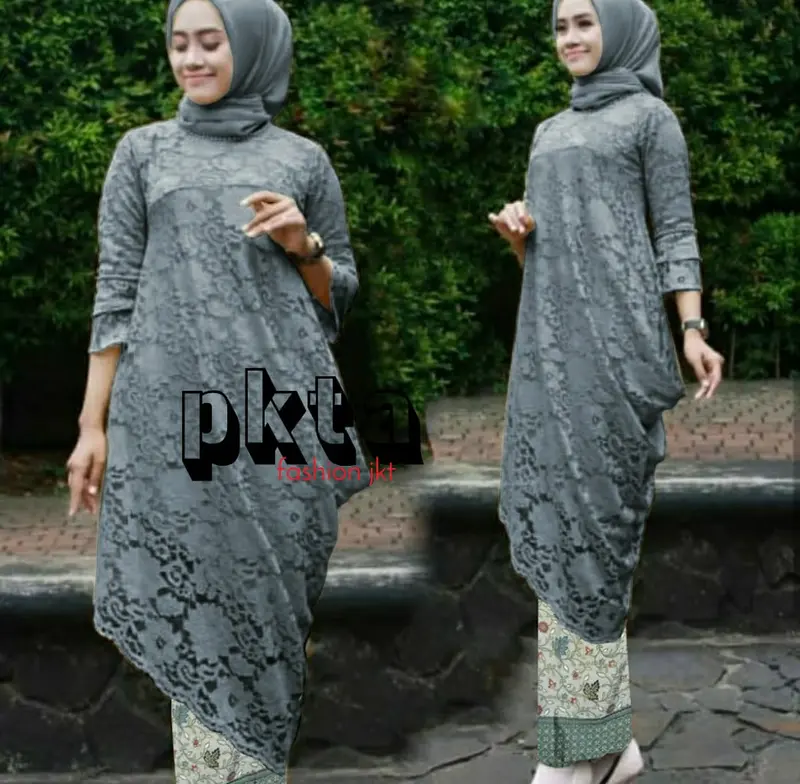Setelan Kebaya Brokat Menceng/Miring Liza Koleksi Atasan Kondangan Tunik Panjang - Batik, Dress 8