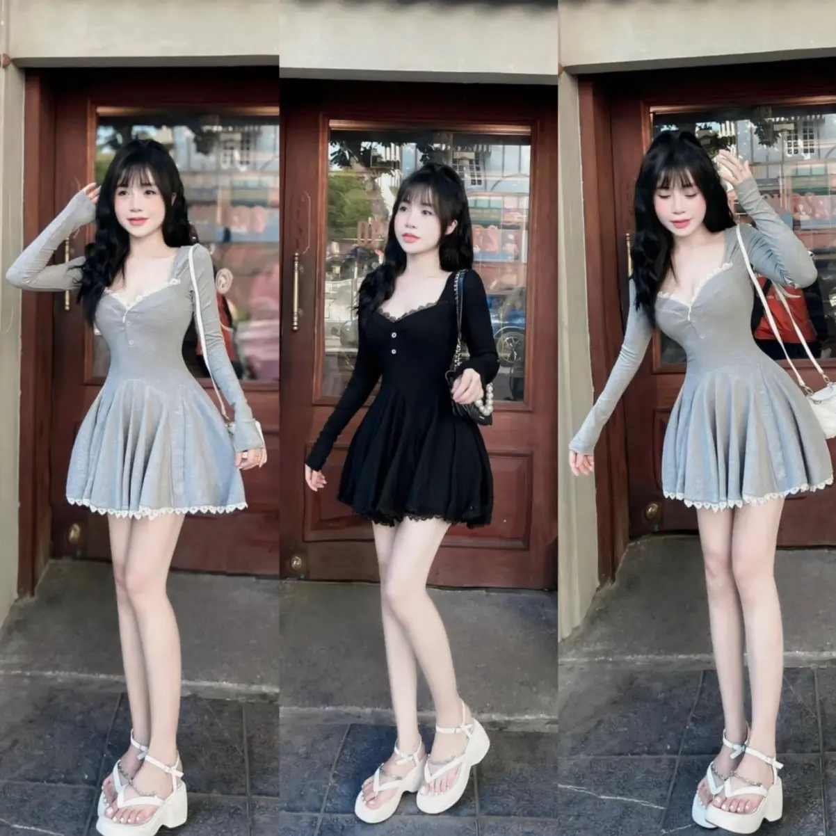 Đầm thun tăm tay dài xoè viền ren