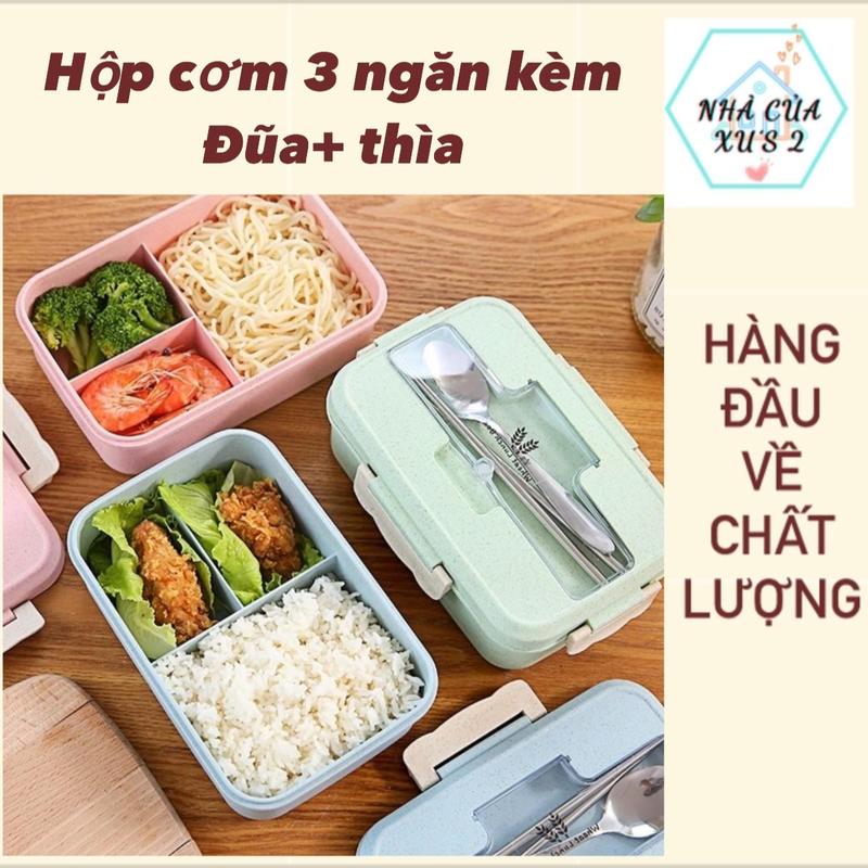 HỘP ĐỰNG CƠM LÚA MẠCH 3 NGĂN 2 TẦNG KÈM ĐŨA THÌA INOX