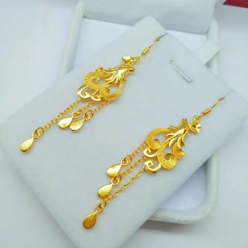Hoa Tai Mạ Vàng, Thật, Cao Cấp, Móc Tai Phượng Hoàng Đám Cưới, Sợi Tai Tua Rua Dài,  Trang Sức Tai Đám Cưới, Có Thể Giặt Được, Màu Sắc Lâu Trôi 5