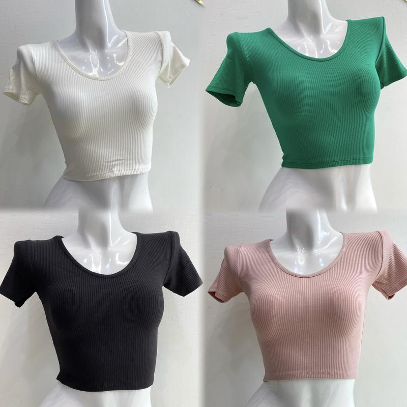 Áo Croptop Tay Ngắn Cổ Tim Vải Gân Đũa 7 Màu BC708
