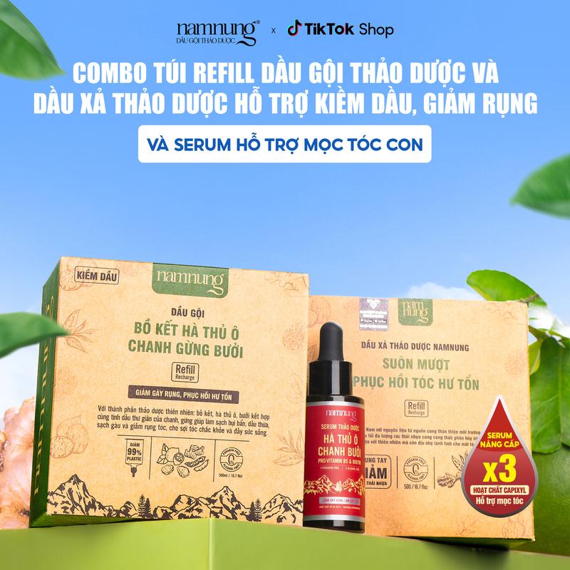 [FLASH SALE] Dầu gội thảo dược bồ kết NamNung và dầu xả thảo dược túi refill tiết kiệm bảo vệ môi trường 500ml*2 kèm serum thảo dược 30ml hỗ trợ mọc tóc, giảm rụng, dầu bết Chăm sóc tóc Dưỡng tóc nữ - Giảm 39%