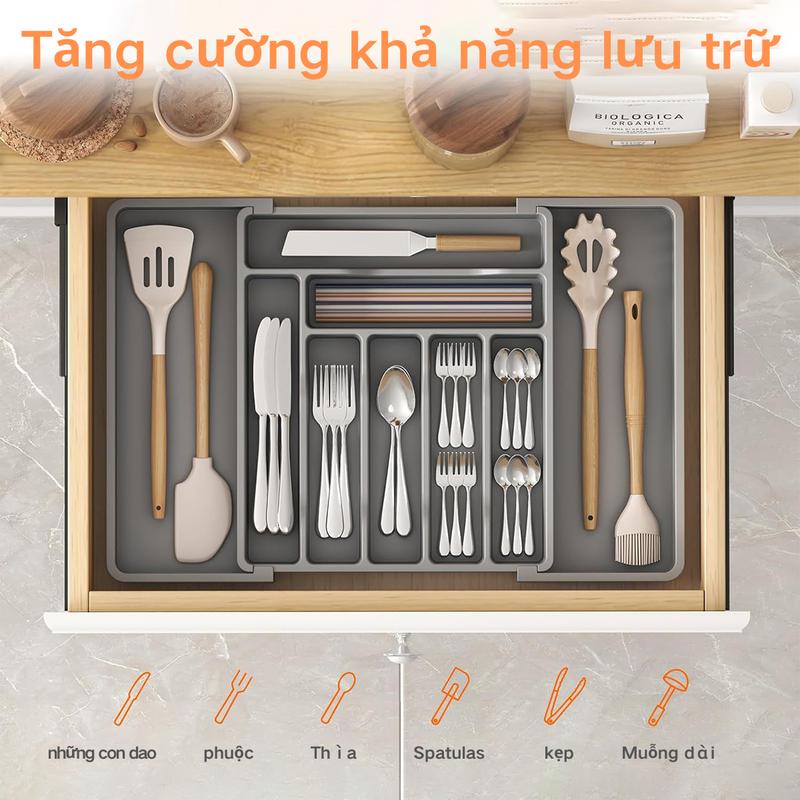 Khay Đựng Đũa Muỗng Dĩa Thìa Chia Ngăn Kéo Tủ Bếp Có Thể Điều Chỉnh Kích Thước Tiện Lợi