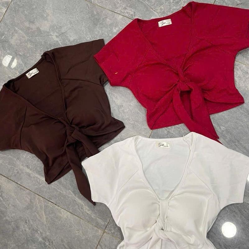 Áo croptop tay ngắn có mút cột dây giữa tạo nơ xinh bozip mềm Cổ Tròn Women Nữ aosang chanh 7