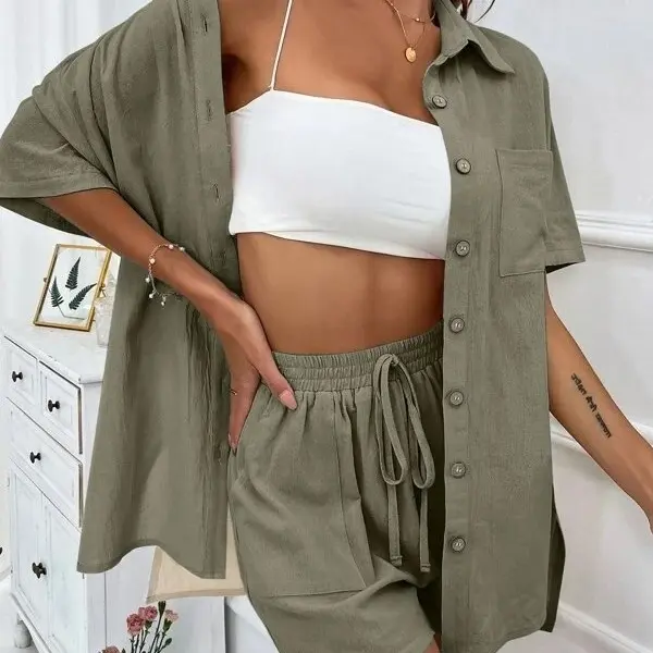 Fashion Shorts Two Piece Solid Color Shirt Suit Women Casual Loose Short Sleeve, Suitable for Summer Clothes, Casual Clothing Womenswear Gamis Comfort Minimalist Pink Basic