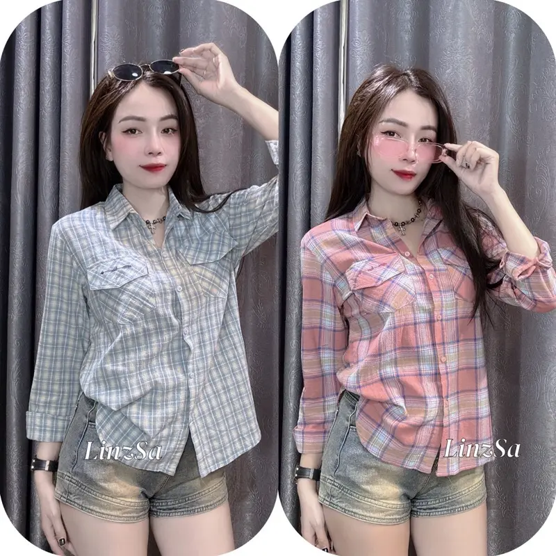 Áo sơmi caro cotton 2 túi chữ tay dài 5 màu - LinzSa