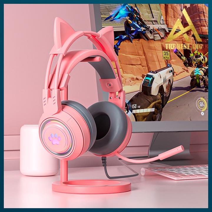 Tai Nghe Chụp Tai Máy Tính Gaming Có Dây Headphone Có Mic Tai Mèo Màu Hồng Led Rgb SY-G25 - Tai Nghe Vi Tính Laptop