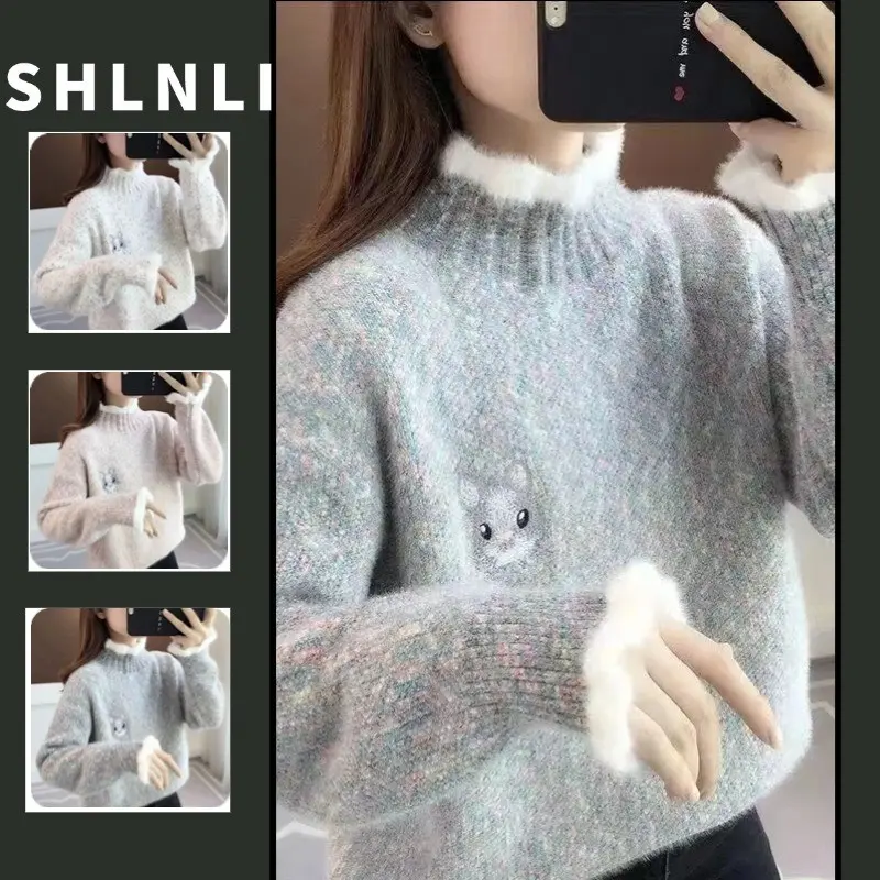 Women's Sweater Autumn Winter Korean Edition Versatile Loose Half High Collar Pullover Cardigan