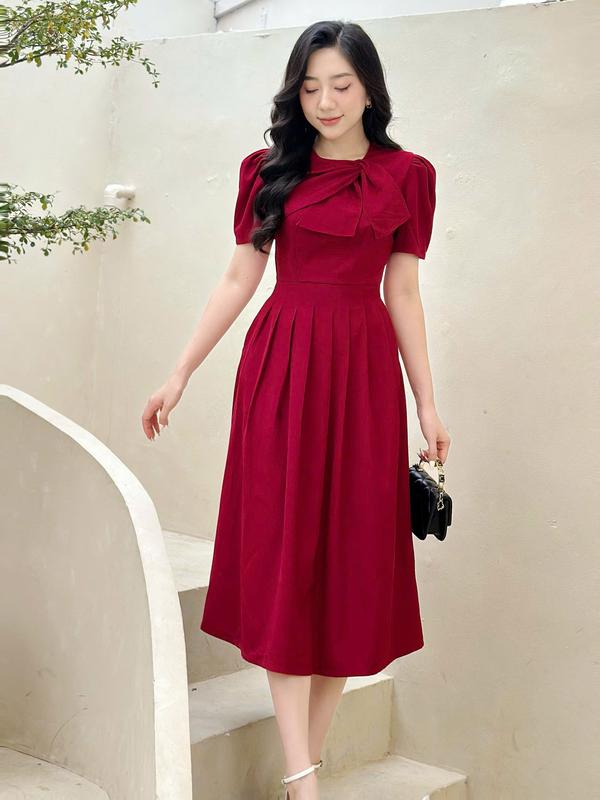  Váy thiết kế U&M nơ cổ lệch xếp li dáng dài thanh lịch đi tiệc giáng sinh tết có Bigsize  VP44  - Nữ - Women 