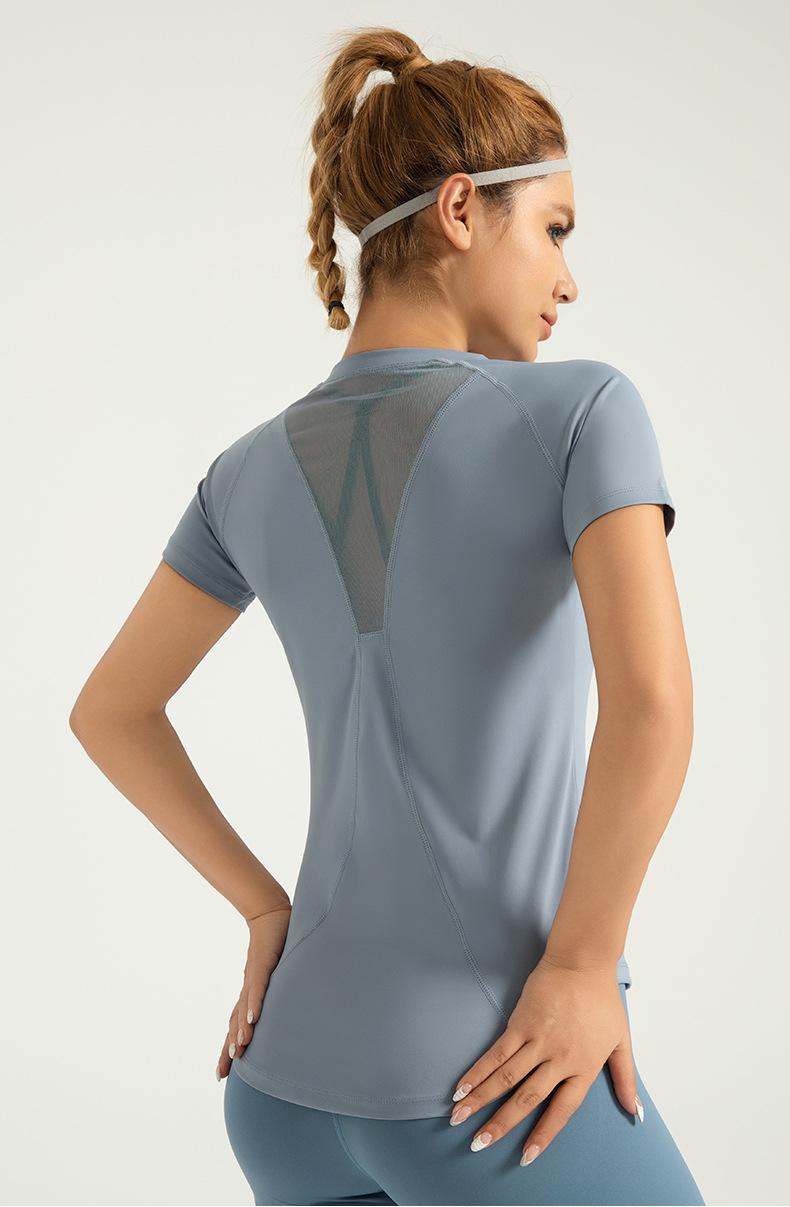 Product Introduction of Lulu's same mesh yoga short sleeved sports and fitness suit, chest shaping and breathable sports T-shirt for women 9