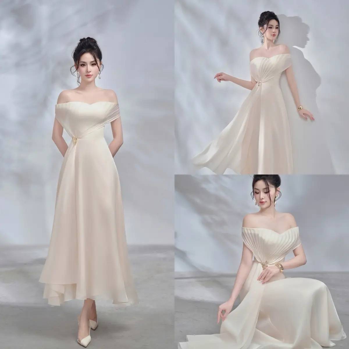 HALIA x LOVELYN - Váy LUCY midi, tơ, bất đối xứng, dập ly, kem nhạt, thanh lịch, sang trọng, Women Dress váy xinh sang chảnh Voan