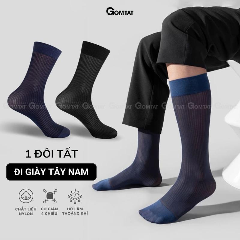 Tất vớ đi giày tây nam GOMTAT chất liệu sợi Nylon cao cấp, tất công sở họa tiết sọc gân, vớ nam cổ cao siêu mỏng xuyên thấu, mềm mịn - D16-A094-1DOI